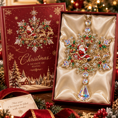 2026 Santa Sleigh Crystal Snowflake Ornament – Sparkling Reindeer & Holly Christmas Suncatcher, Elegant Holiday Tree Decoration & Keepsake Gift
