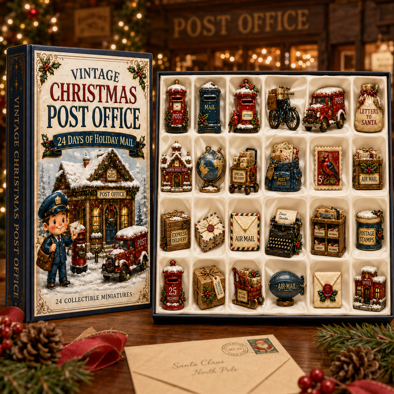 Vintage Christmas Post Office 24-Day Advent Calendar – 24 Collectible Miniatures