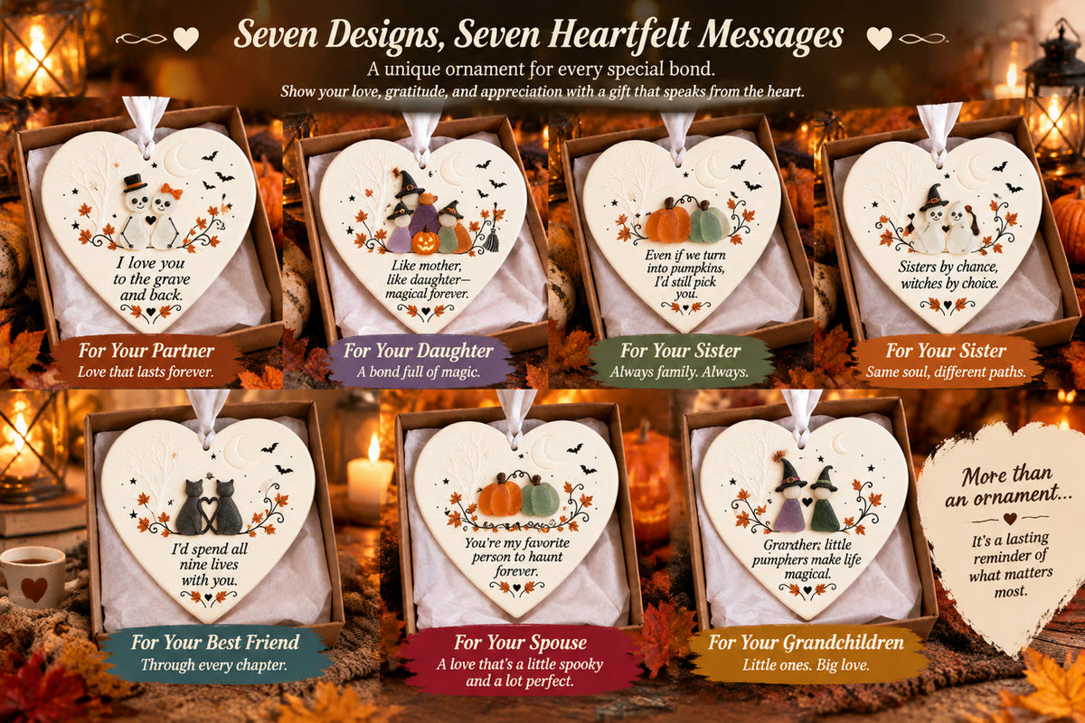 Collection of relationship-themed Halloween heart keepsake ornament designs