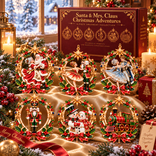 Santa & Mrs. Claus Christmas Adventures – 6-Piece Vintage Christmas Tree Ornament Collection | Nutcracker, Snowman & Holiday Train | A Heartwarming Christmas Keepsake Gift