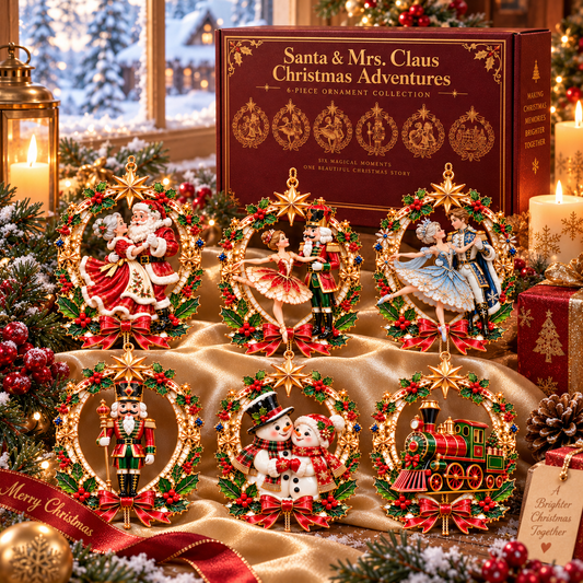 Santa & Mrs. Claus Christmas Adventures – 6-Piece Vintage Christmas Tree Ornament Collection | Nutcracker, Snowman & Holiday Train | A Heartwarming Christmas Keepsake Gift