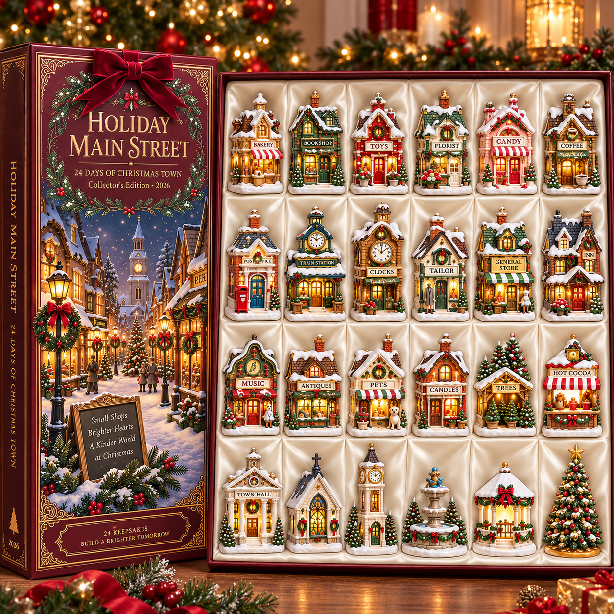 2026 Holiday Main Street 24-Day Christmas Countdown Calendar – 24 Unique Christmas Village Shop Miniatures, Charming Snowy Town Collector’s Gift