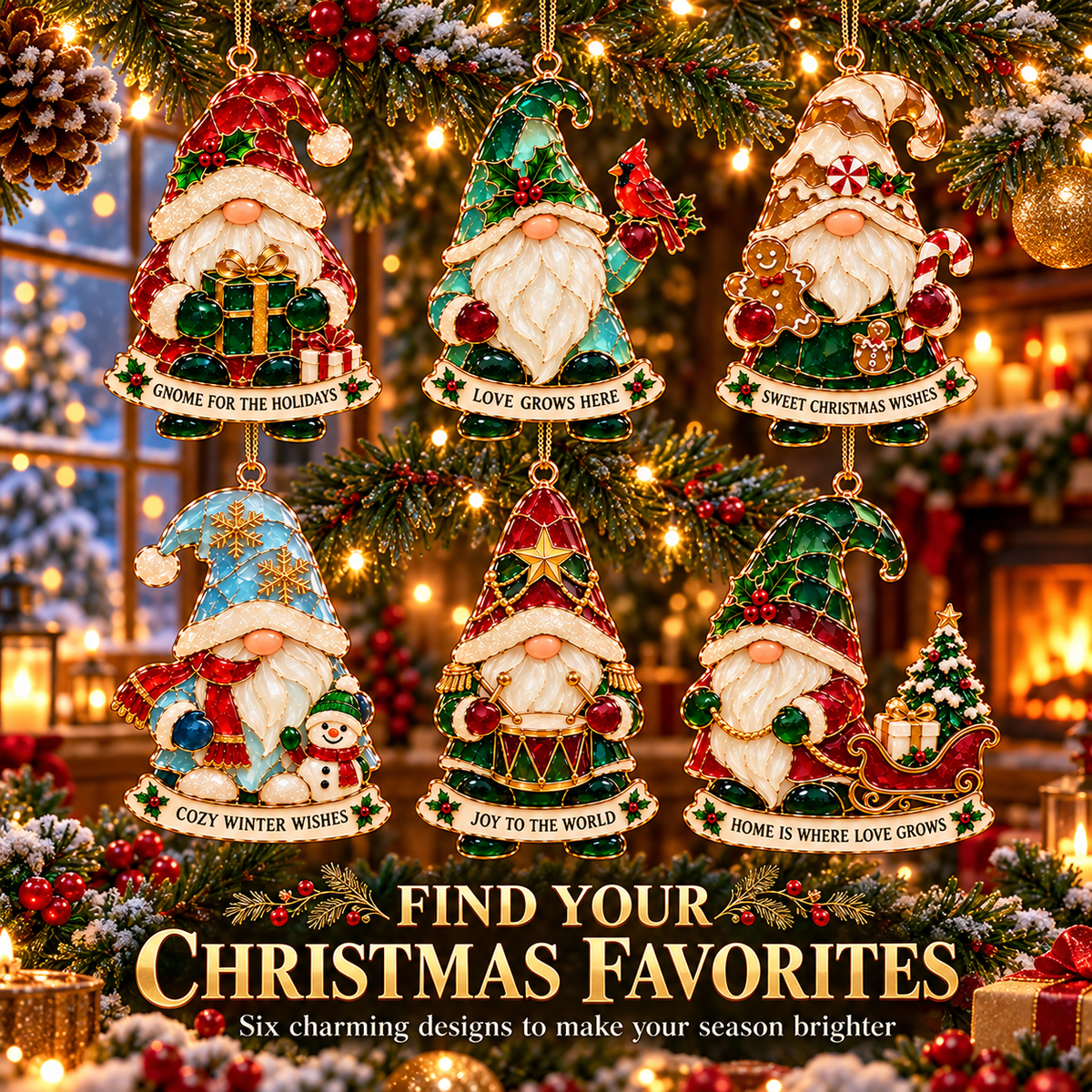 Gnome for the Holidays – 6-Piece Stained Glass–Style Christmas Ornament Set with Heartwarming Wishes