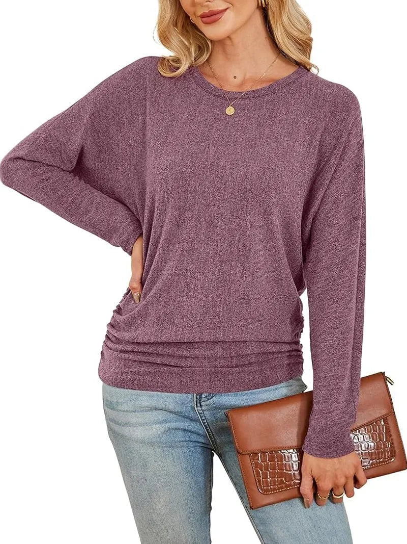 Womens Long Sleeve Shirts Ruched Hem Fall Tops Lightweight Sweaters