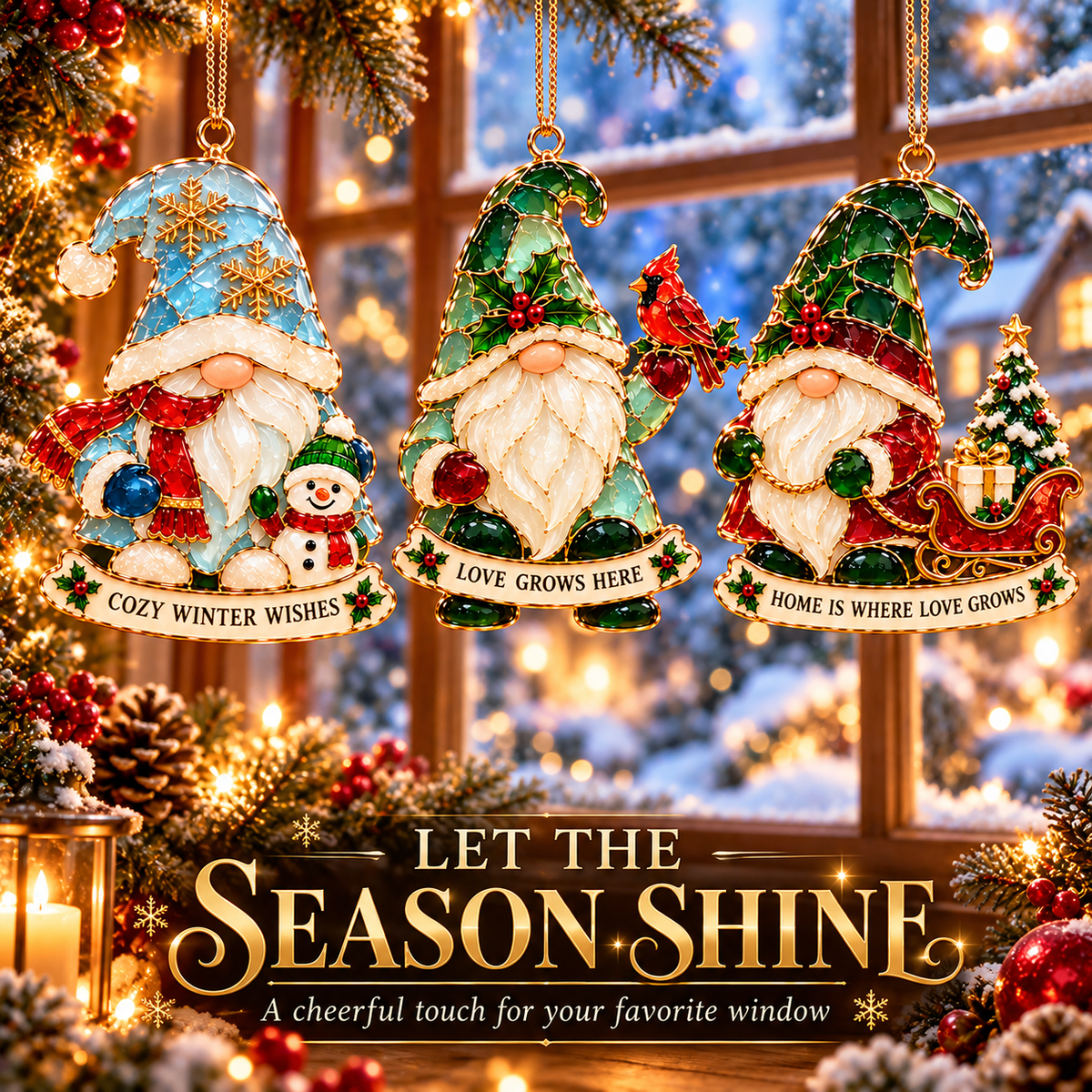 Gnome for the Holidays – 6-Piece Stained Glass–Style Christmas Ornament Set with Heartwarming Wishes