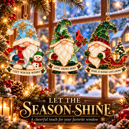 Gnome for the Holidays – 6-Piece Stained Glass–Style Christmas Ornament Set with Heartwarming Wishes