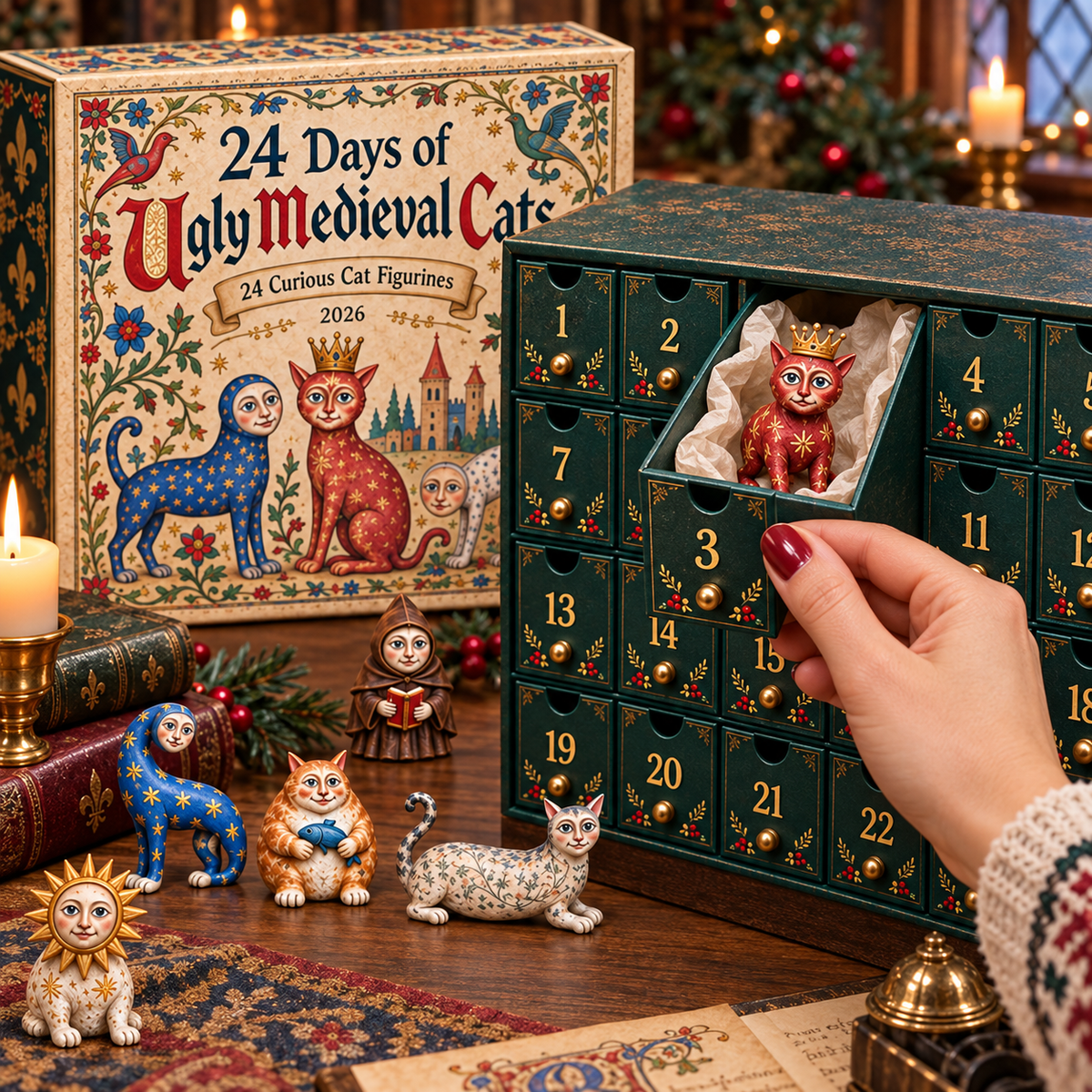 2026 Ugly Medieval Cats Advent Calendar – 24 Unique Collectible Cat Figurines for a Quirky Christmas Countdown