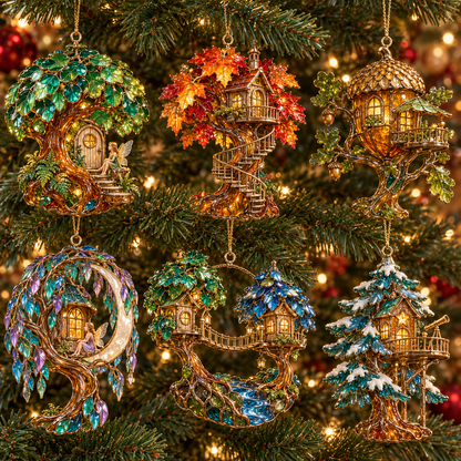✨ 2026 Enchanted Stained Glass Treehouse Christmas Ornaments – Set of 6 |  Fairy Tree Houses, Autumn Maple, Acorn Cottage & Moonlight Willow Hanging Decorations | Magical Christmas Tree Ornaments & Fairy Garden Gifts