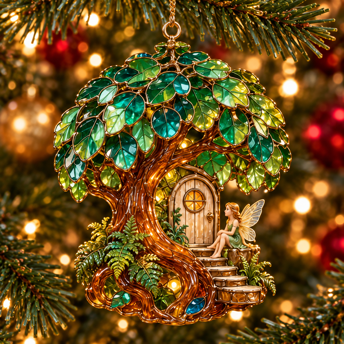 ✨ 2026 Enchanted Stained Glass Treehouse Christmas Ornaments – Set of 6 |  Fairy Tree Houses, Autumn Maple, Acorn Cottage & Moonlight Willow Hanging Decorations | Magical Christmas Tree Ornaments & Fairy Garden Gifts