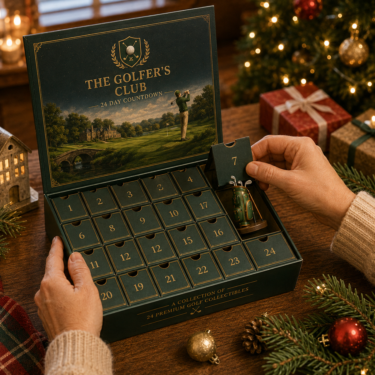Opening numbered drawer in 24 day golf advent calendar