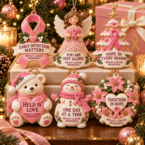 Pink Ribbon Christmas Ornaments – 6-Piece Breast Cancer Awareness Gift Set of Hope, Love & Support