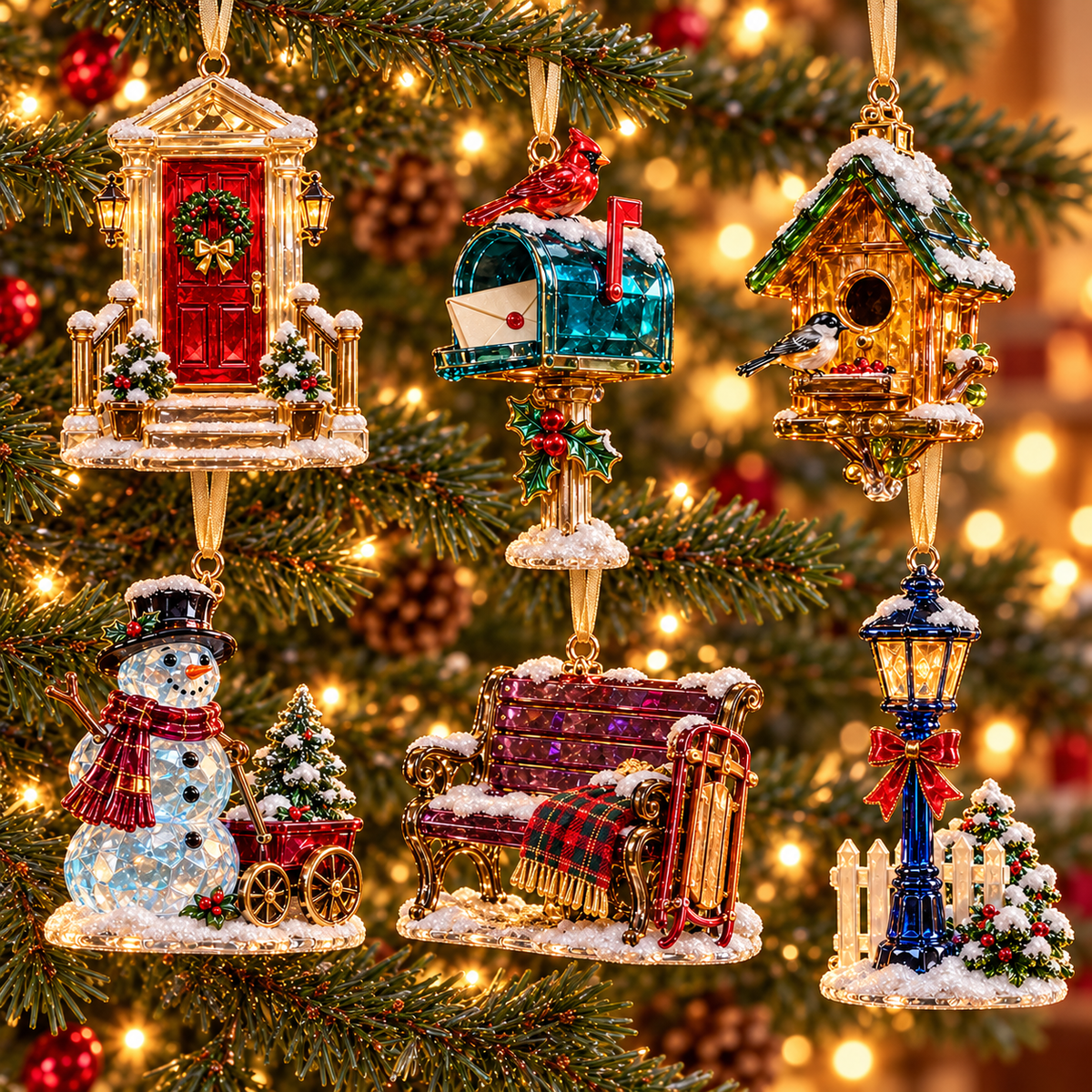 Complete six-piece vintage winter Christmas ornament collection