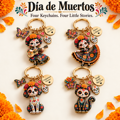 2026 Día de Muertos Keepsake Keychains – 4 Colorful Designs with Remembrance Cards