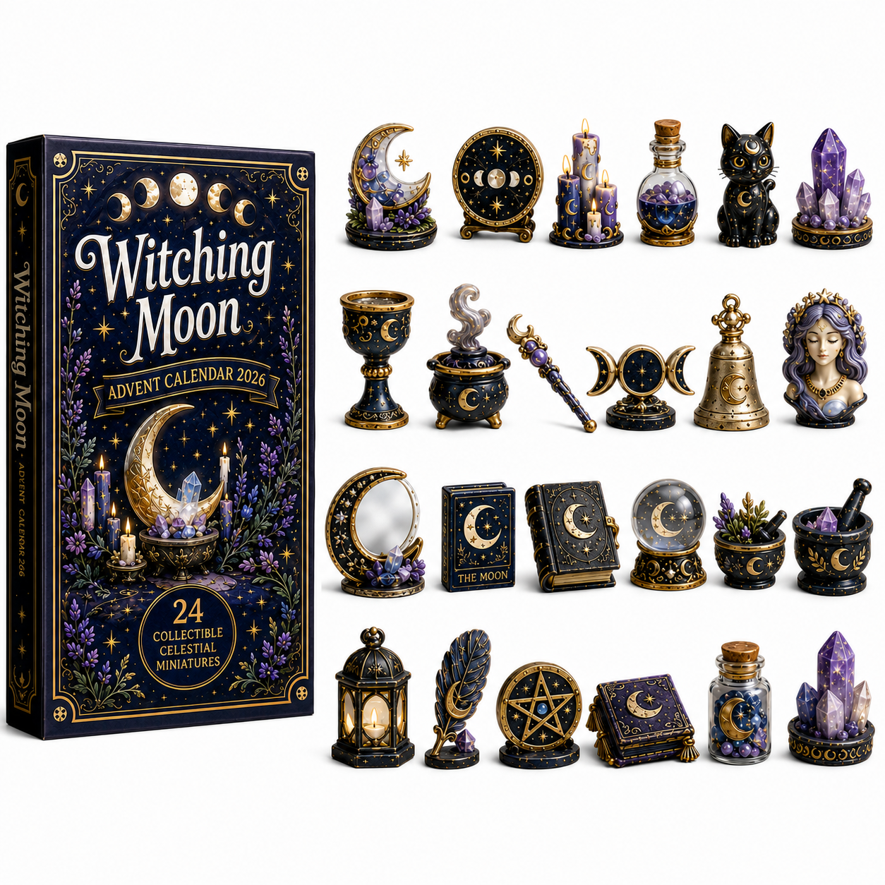 Witching Moon Advent Calendar 2026 – 24 Days of Celestial Miniatures, Mystical Moon Collectibles & Magical Gifts for Witchy Decor Lovers, Acrylic Charms Blind Box