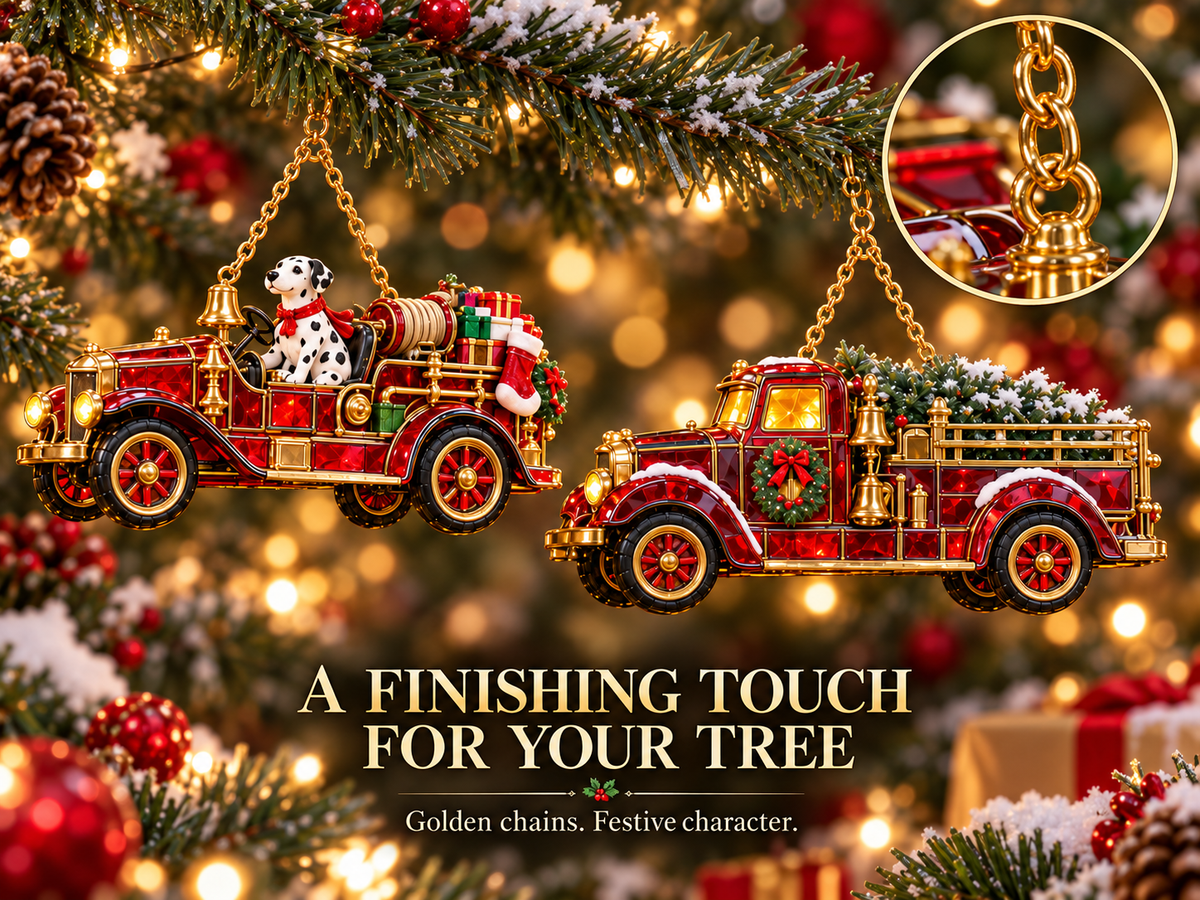 Fire Truck Ornaments Hanging on Christmas Tree