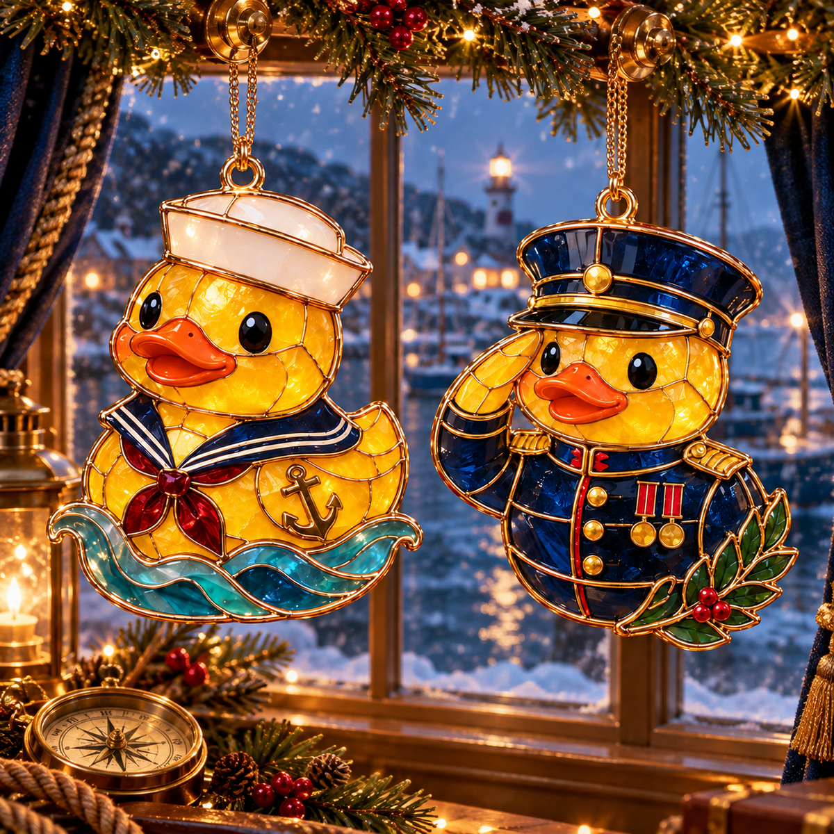 Military Duck Christmas Ornaments – 6-Piece Vintage Stained-Glass Style Gift Set