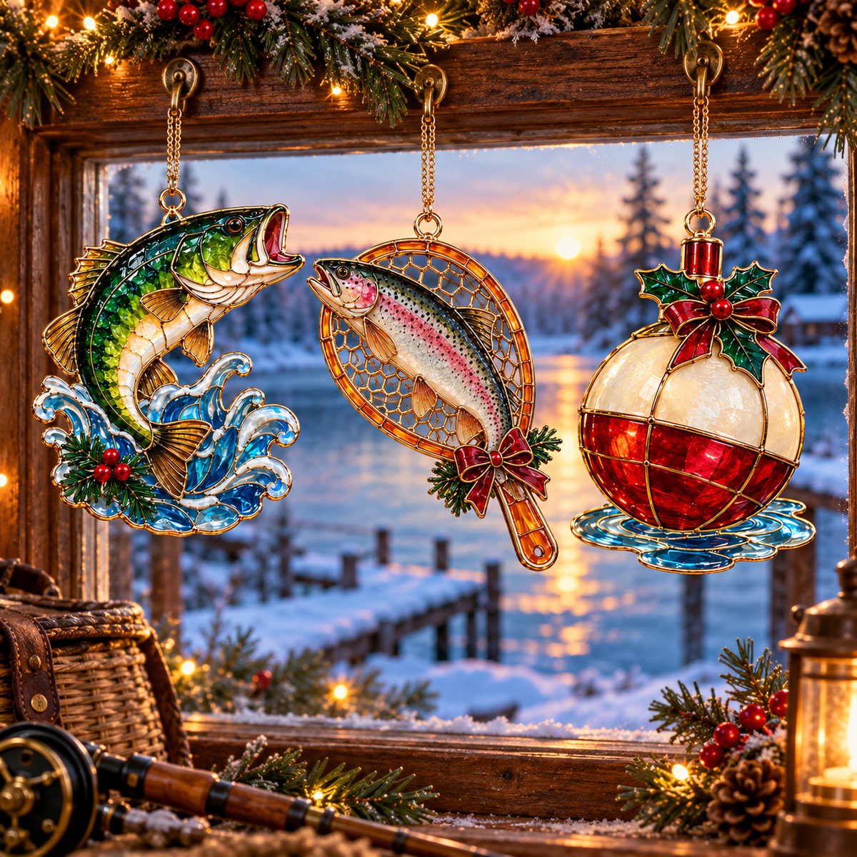 Reel in the Christmas Magic — Vintage Stained Glass–Style Fishing Ornaments, Set of 6