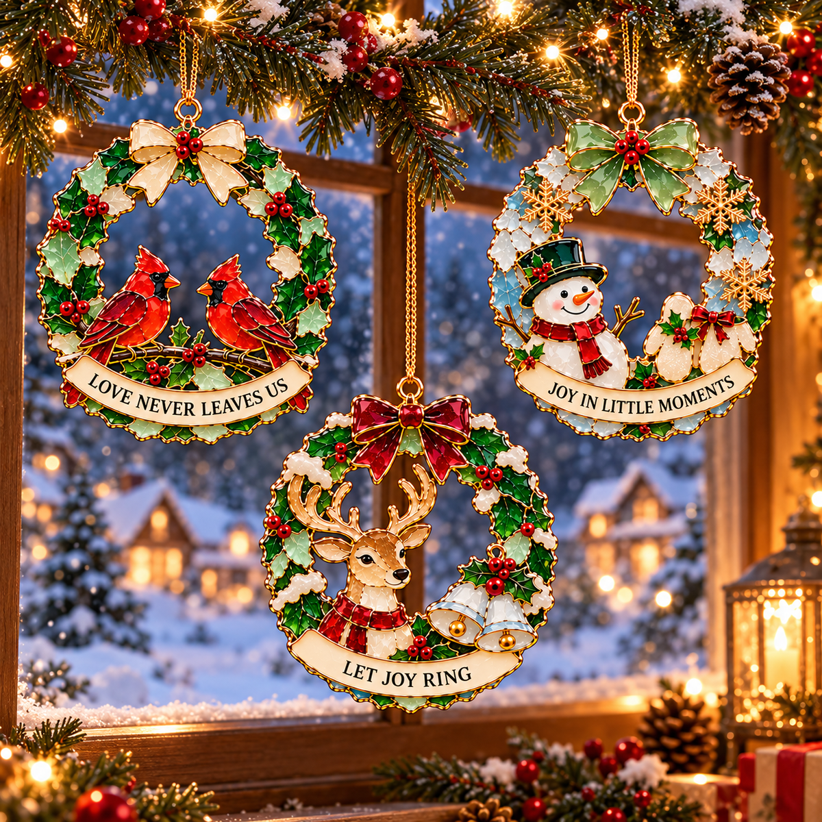 Christmas Wishes Wreath Ornaments – 6 Festive Designs in Stained Glass Style