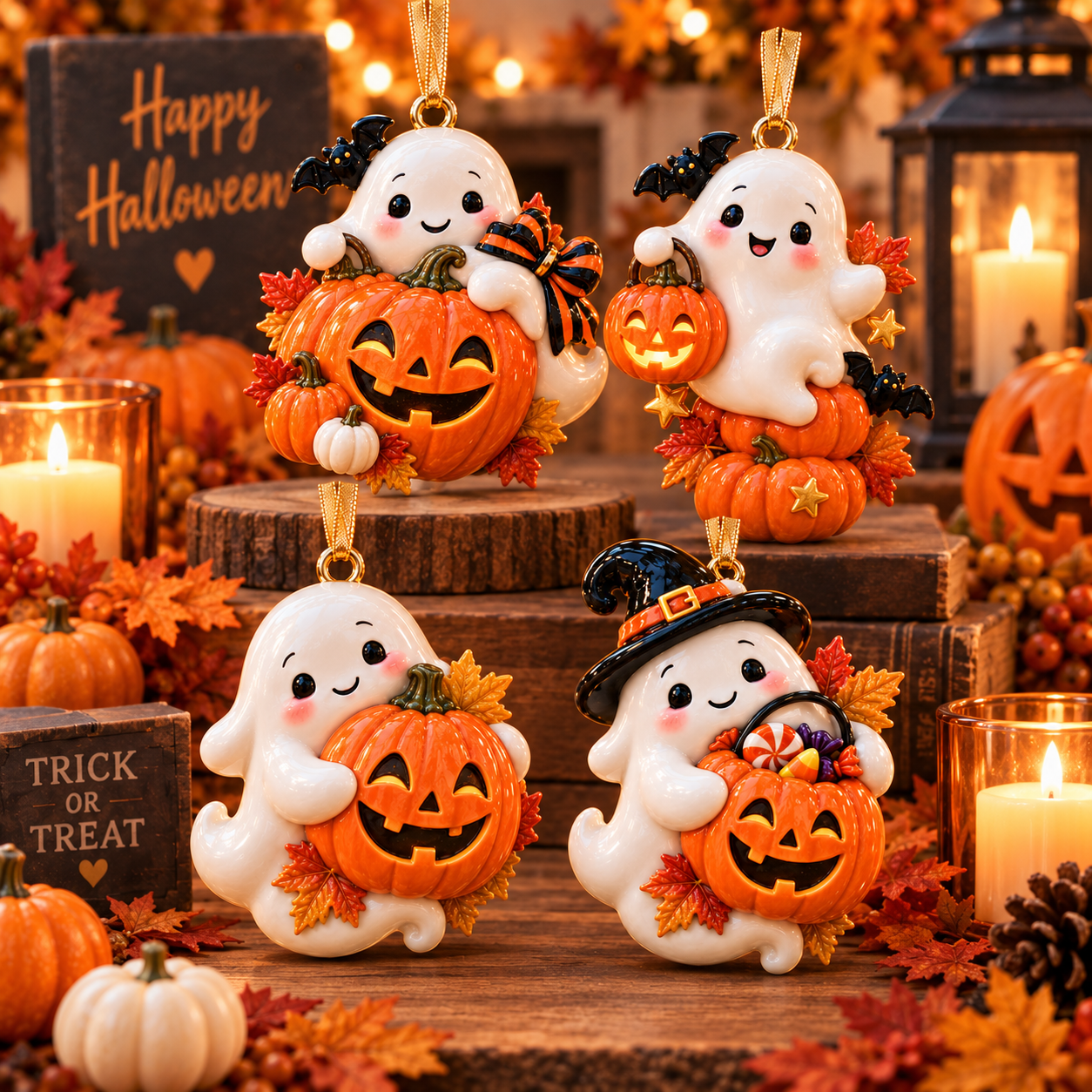Cute Ghost & Pumpkin Halloween Ornament  –  Spooky-Cute Hanging Keepsake Collection, Fun Halloween Gift for Family & Ghost Lovers