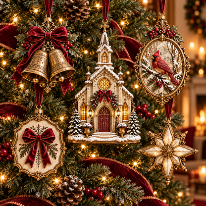2026 Vintage Christmas Ornament Set – 5 Elegant Designs in Burgundy & Gold