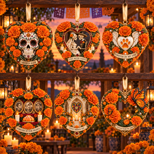 Día de Muertos Marigold Heart Ornaments –  “Forever in Our Hearts” Memorial Keepsake Collection