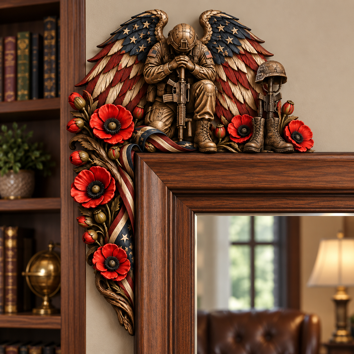 Fallen Hero Memorial Door Frame Corner Décor – Patriotic Angel Wings, Soldier’s Cross & Red Poppy Veteran Remembrance Tribute