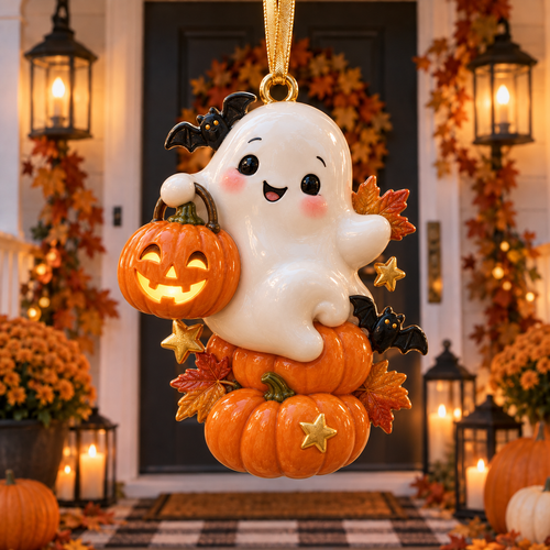 Cute Ghost & Pumpkin Halloween Ornament  –  Spooky-Cute Hanging Keepsake Collection, Fun Halloween Gift for Family & Ghost Lovers