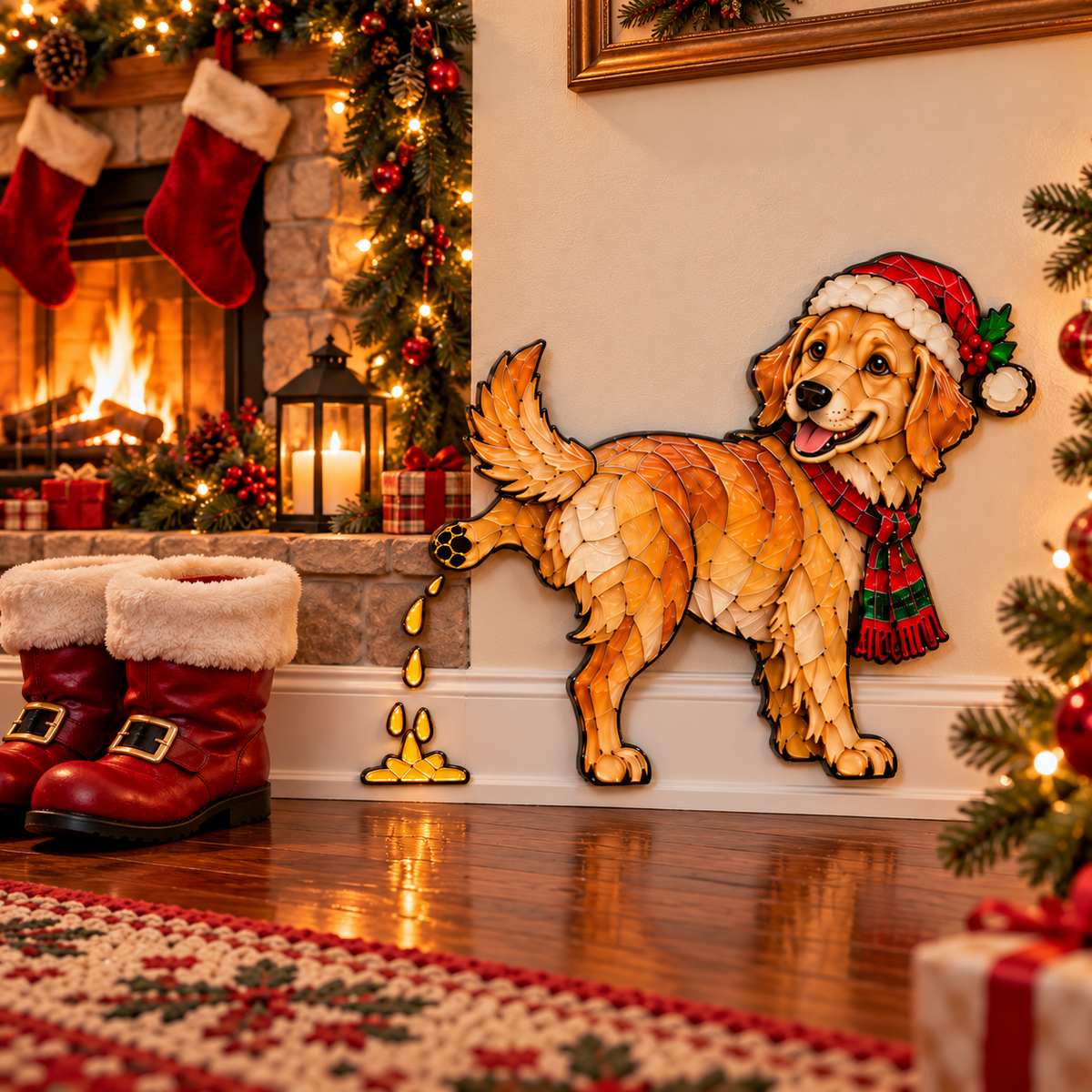Funny Peeing Golden Retriever Christmas Decoration – Stained Glass-Style Dog Yard Art & Baseboard Decor