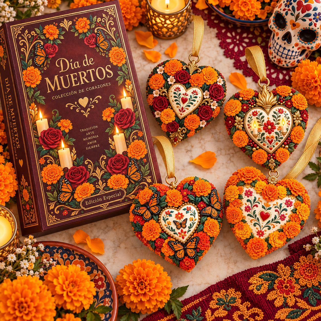Día de Muertos Marigold Heart Ornament  – Floral Hanging Keepsake Collection, Meaningful Day of the Dead Gift for Family & Loved Ones