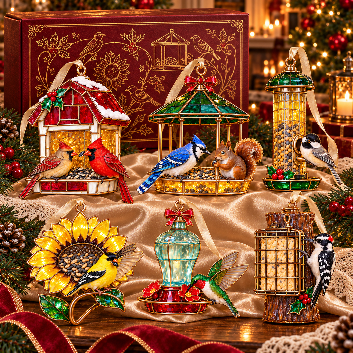 Vintage Bird Feeder Christmas Ornaments – 6-Piece Stained Glass-Style Backyard Birds Collection
