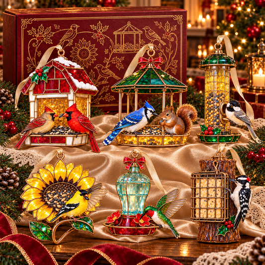 Vintage Bird Feeder Christmas Ornaments – 6-Piece Stained Glass-Style Backyard Birds Collection