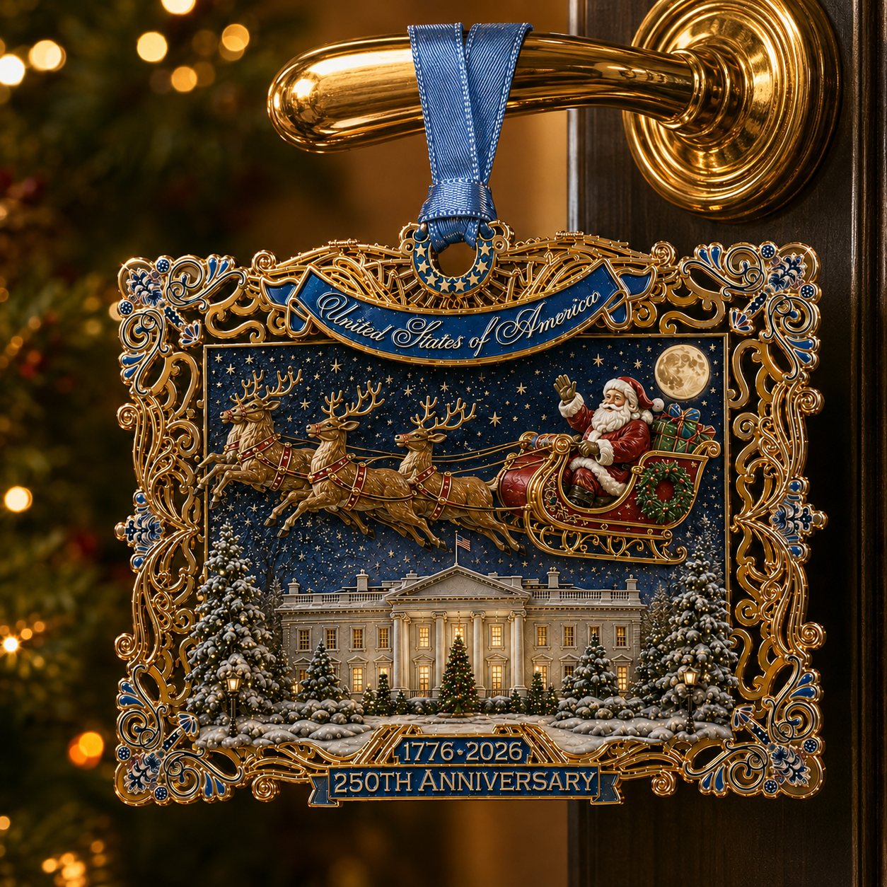 250th Anniversary Christmas Ornament 2026 – USA Heritage Santa Sleigh Collectible | Limited-Edition Patriotic Holiday Tree Decor