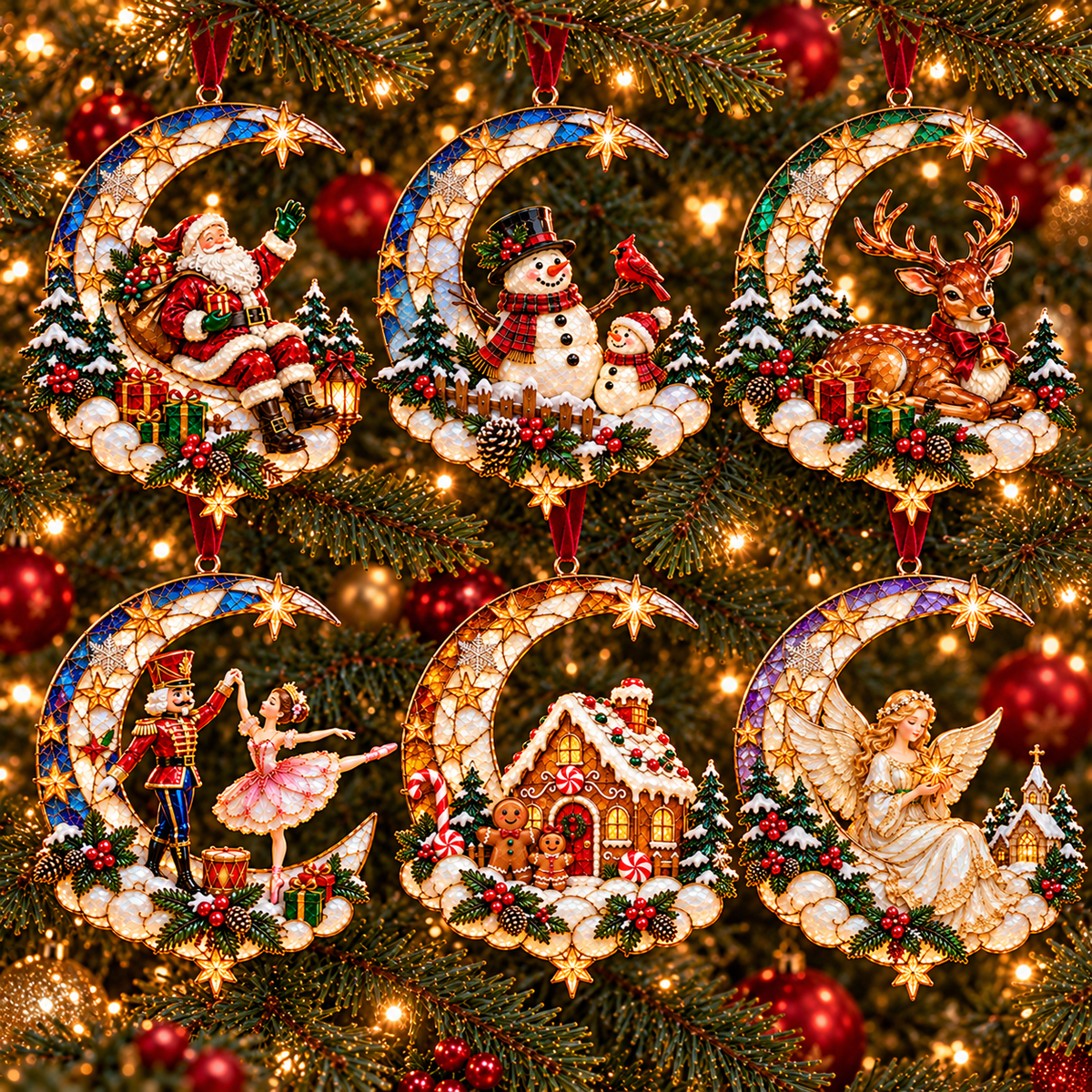 Complete six piece crescent moon Christmas ornament collection on a glowing Christmas tree