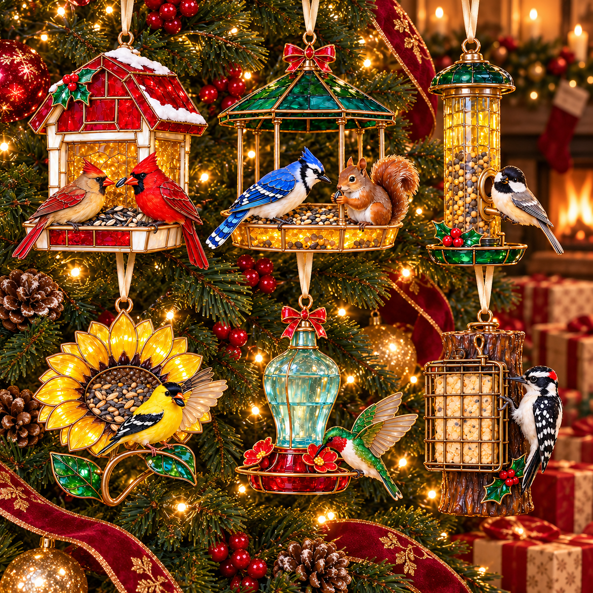 Vintage Bird Feeder Christmas Ornaments – 6-Piece Stained Glass-Style Backyard Birds Collection