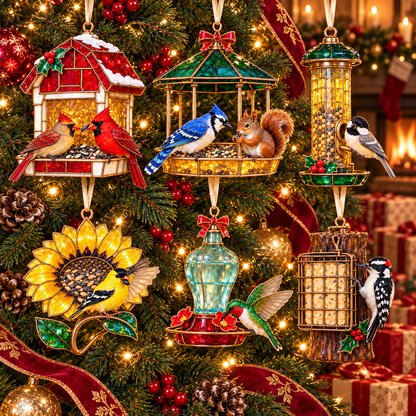 Vintage Bird Feeder Christmas Ornaments – 6-Piece Stained Glass-Style Backyard Birds Collection