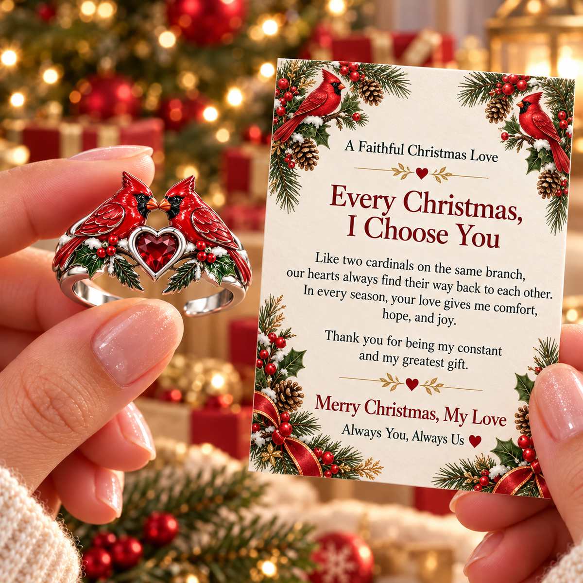 Every Christmas, I Choose You – Romantic Cardinal Heart Ring with Love Message Card, Meaningful Christmas Gift for Her