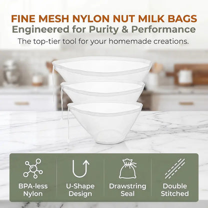 3Pcs Bowl-Shaped Nylon Nut Milk Bag, Reusable Strainer Bags 🥛