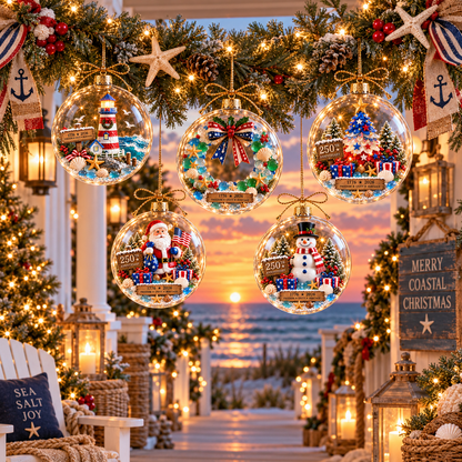 2026 250th Anniversary Ocean Christmas Series – Coastal Holiday Globe Ornament Collection with Santa, Snowman, Reindeer & Christmas Tree Keepsakes