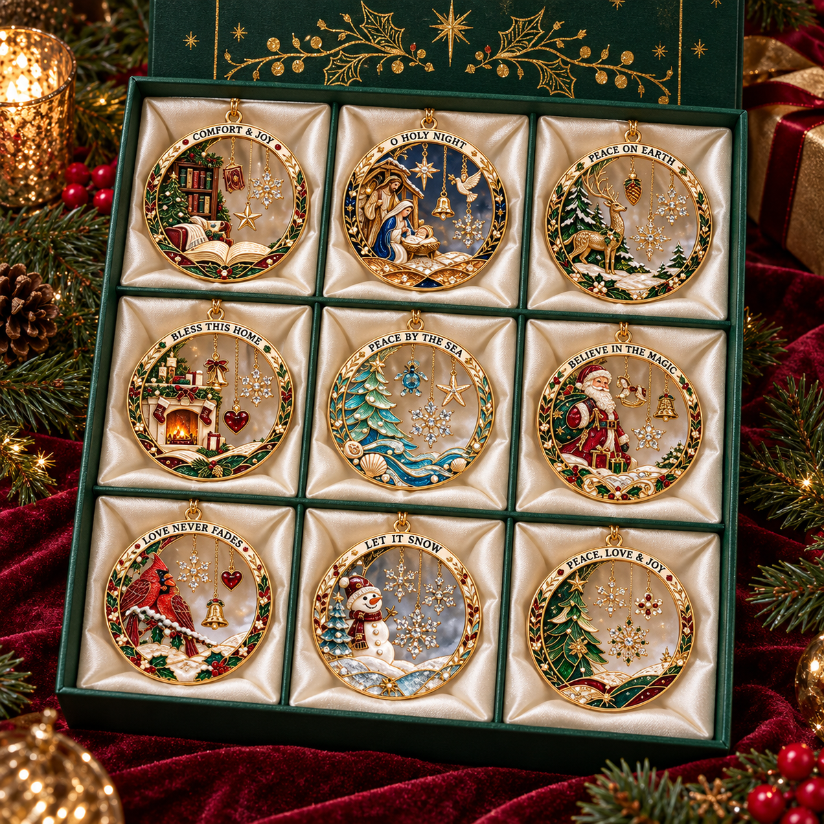 2026 Christmas Blessings Hanging Ornaments – 9 Festive Designs with Holiday Scenes, Stars & Snowflakes