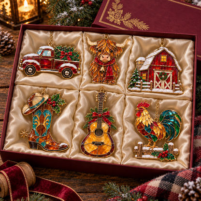 Country Christmas Charm – 6-Piece Vintage Stained Glass–Style Ornament Set