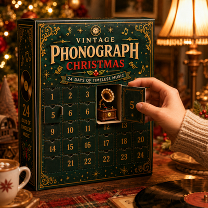 Vintage Phonograph Christmas Advent Calendar 2026 – 24 Days of Timeless Music Collectible Miniatures, Retro Record Player Countdown Gift for Music Lovers