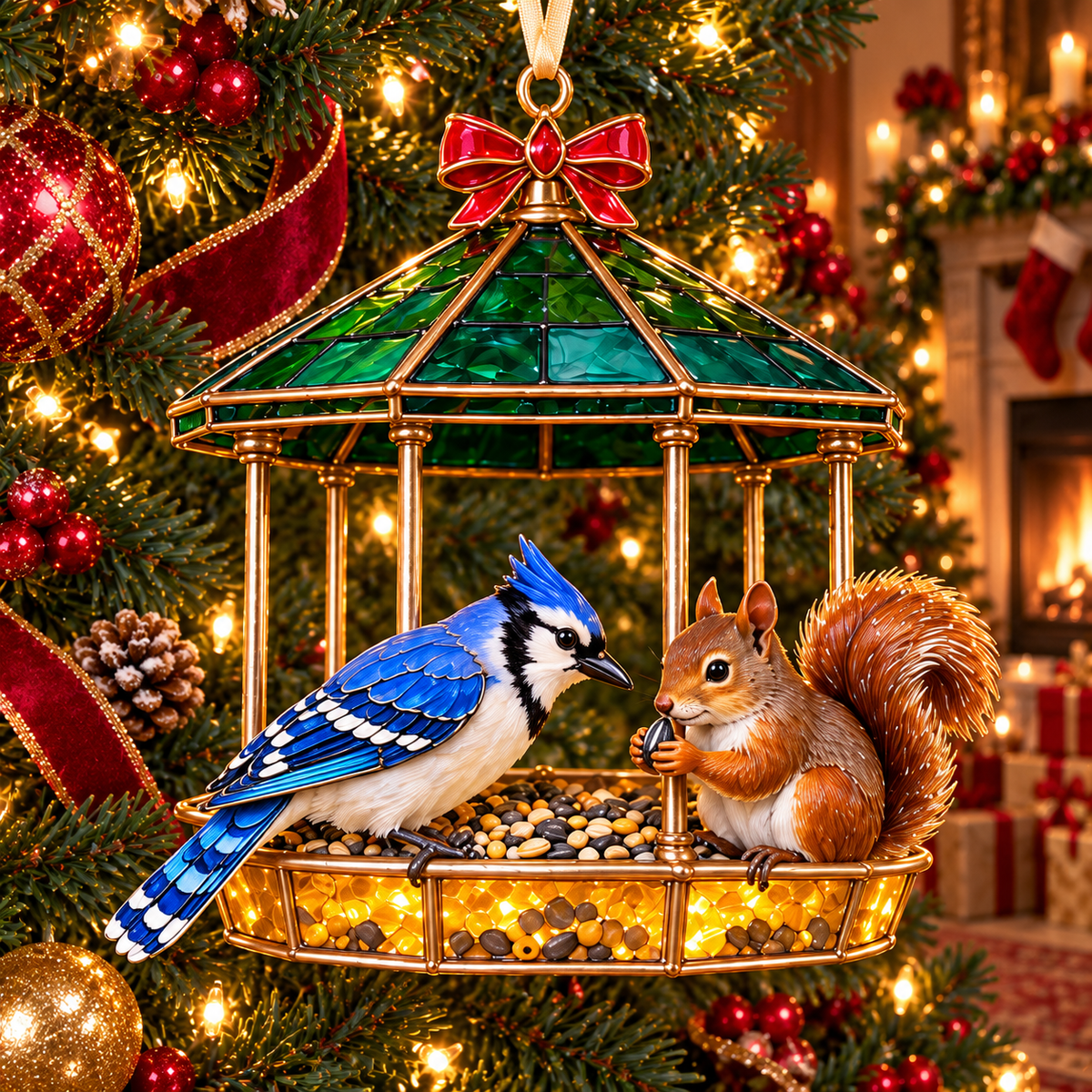 Vintage Bird Feeder Christmas Ornaments – 6-Piece Stained Glass-Style Backyard Birds Collection
