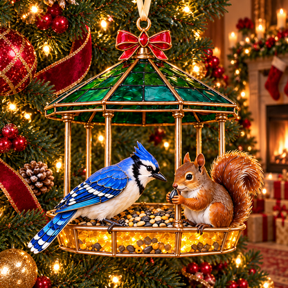 Vintage Bird Feeder Christmas Ornaments – 6-Piece Stained Glass-Style Backyard Birds Collection