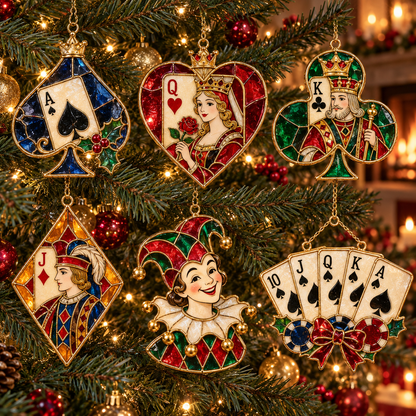 ✨ 2026 Vintage Stained Glass Playing Card Christmas Ornaments – Set of 6 |  Poker Ace, Queen, King, Jack & Joker Hanging Decorations | Casino & Card Game Christmas Tree Ornaments | Unique Gifts for Poker Lovers