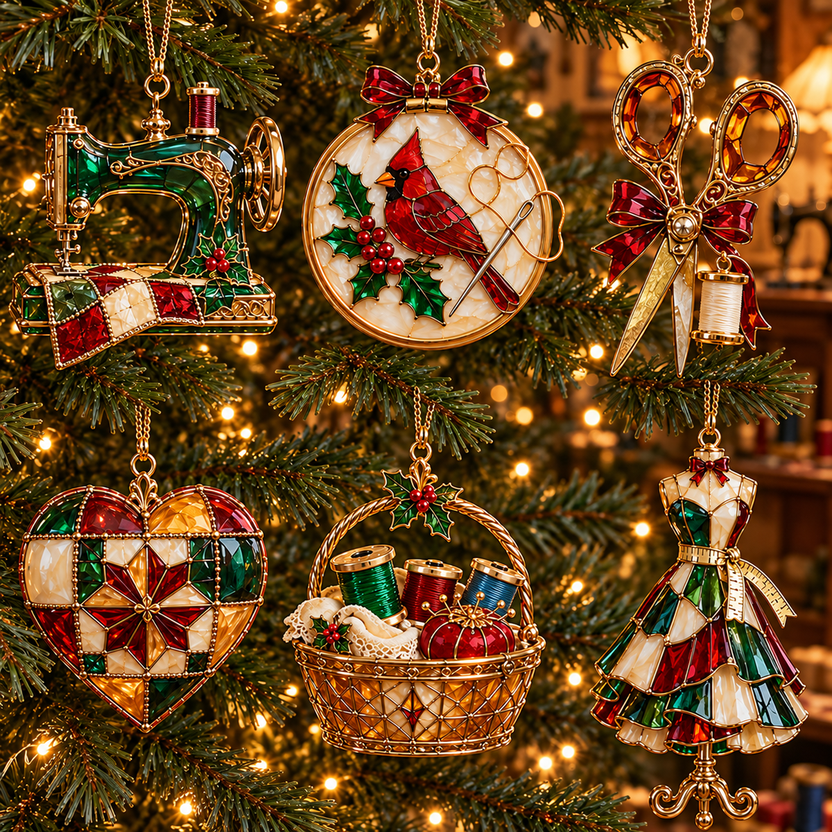 ✨ 2026 Vintage Stained Glass Sewing Christmas Ornaments – Set of 6