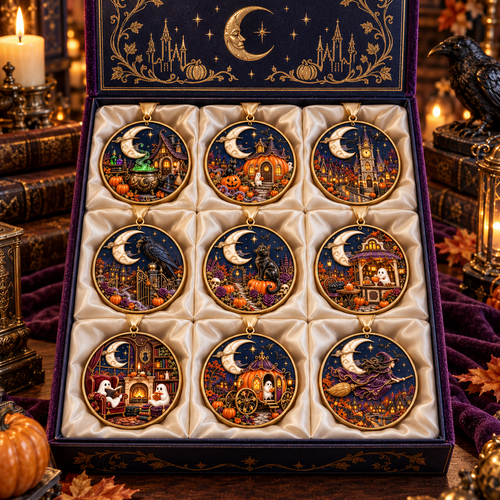 2026 Moonlit Halloween Village Hanging Ornaments – 9 Enchanting Designs with Witches, Ghosts & Pumpkin Magic