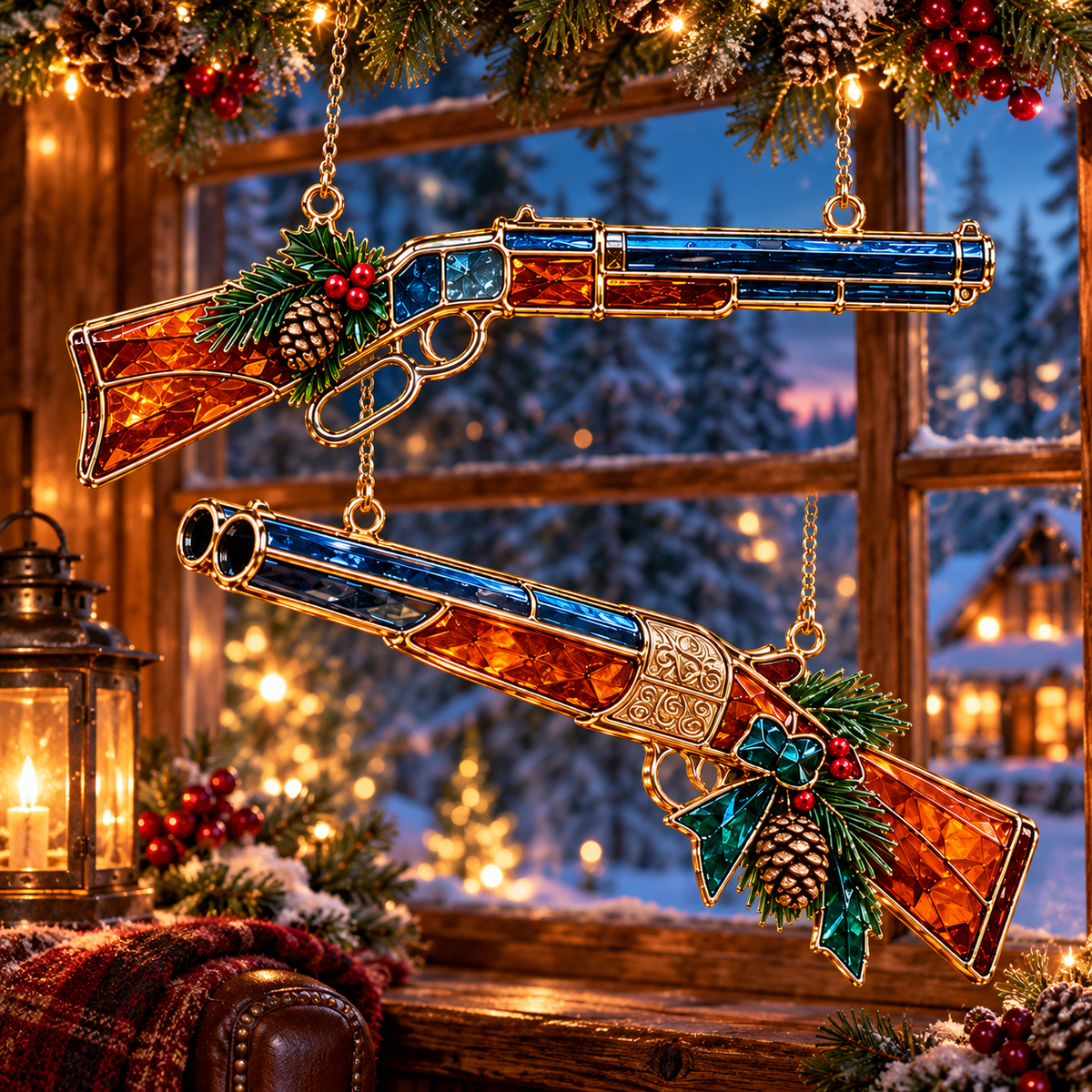 ✨ 2026 Vintage Stained Glass Firearms Christmas Ornaments – Set of 6 | Western Revolver, Cowboy Rifle, Shotgun & Pistol Hanging Decorations | Christmas Tree Ornaments & Unique Holiday Gifts for Gun Enthusiasts