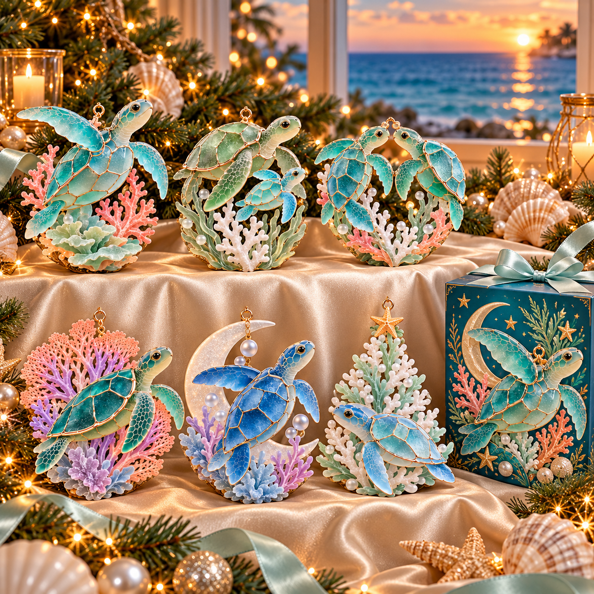 🐢 2026 Ocean Christmas Sea Turtle Ornaments – Set of 6 Coastal Holiday Keepsakes