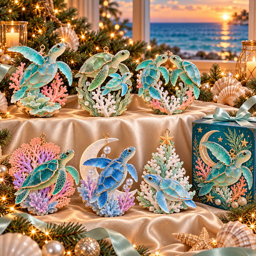 🐢 2026 Ocean Christmas Sea Turtle Ornaments – Set of 6 Coastal Holiday Keepsakes
