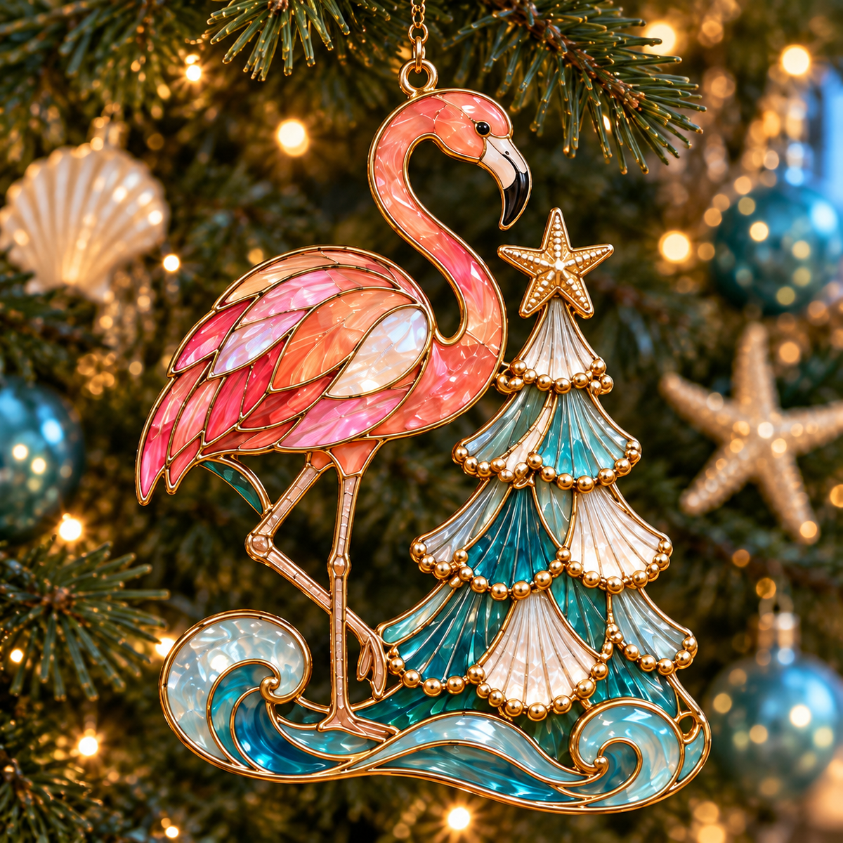 Coastal Christmas Flamingo Ornaments – Vintage Stained-Glass Style, 6-Piece Set